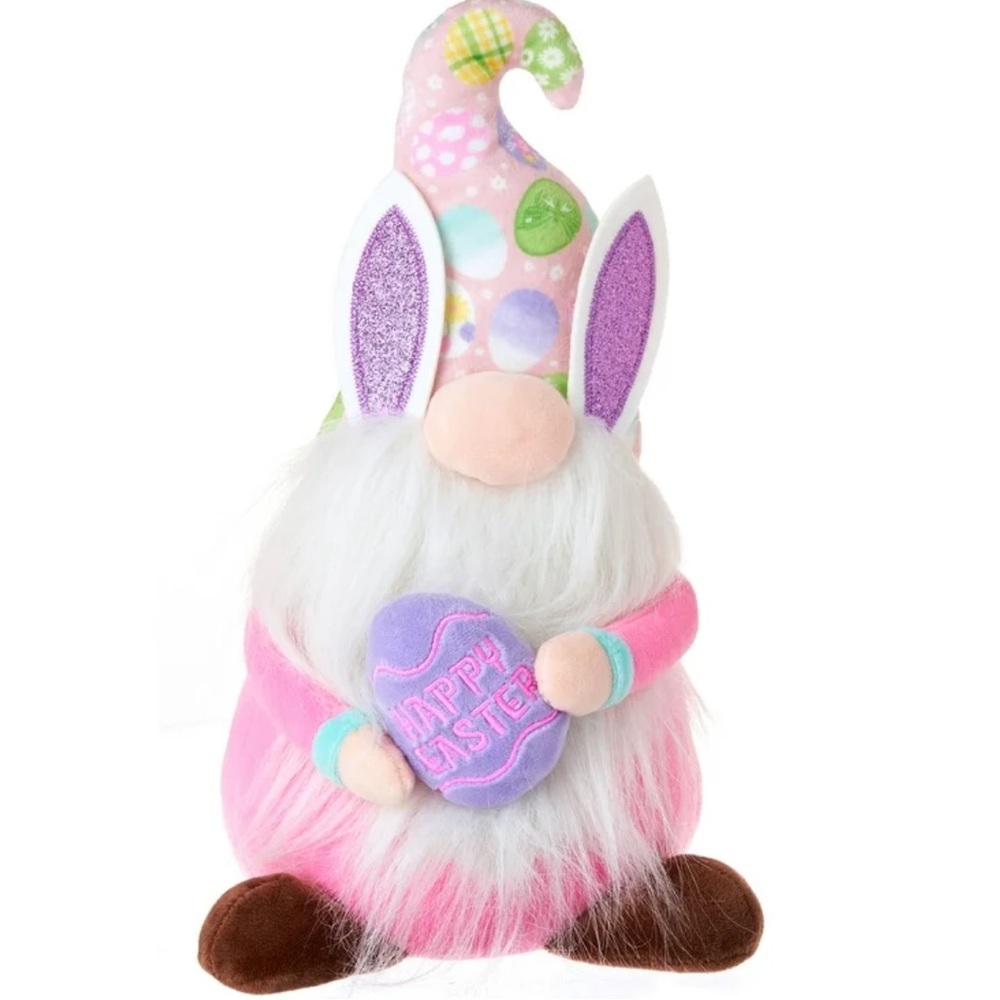 Easter Plush Pink 12" Garden Gnome With Bunny Rabbit Ears & Egg Stuffed Animal